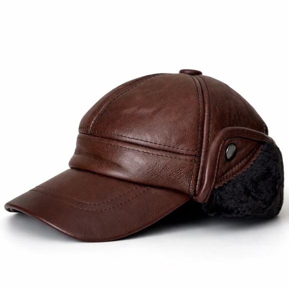 Men's Genuine Cowhide Leather Ear Flap Hat Winter Warm Windproof Outdoor - Picture 5 of 7